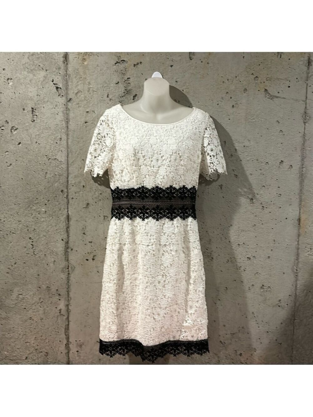 Anthropologie Shani White Lace Dress W/ Black Lace Accents Size - 6
